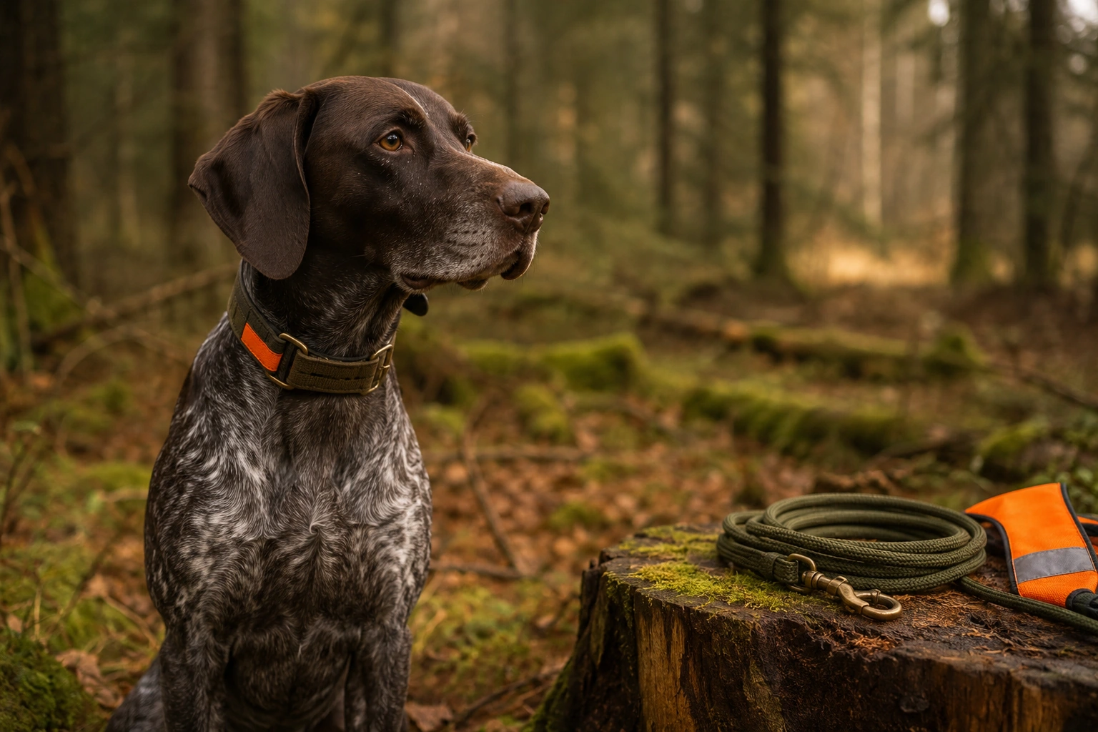 Jagdhund mit Halsung im Revier als Symbol für Hundebedarf und jagdliches Zubehör