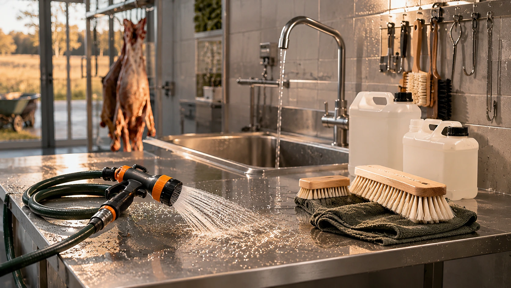 Edelstahl-Arbeitsbereich zur hygienischen Wildverarbeitung mit Reinigungszubehör, Bürsten, Wasserschlauch und Arbeitsfläche in einer modernen Wildkammer.