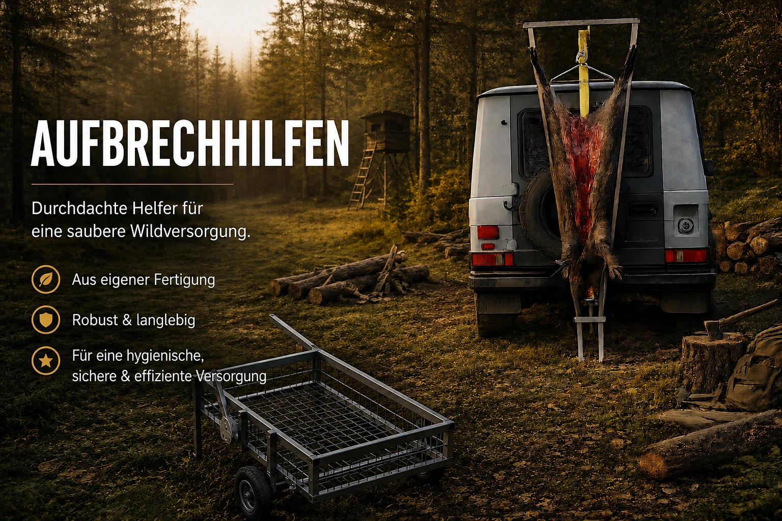 Aufbrechhilfe zur hygienischen Wildversorgung von Reh- und Schwarzwild im jagdlichen Reviereinsatz mit Geländewagen und Wildträger im Wald.