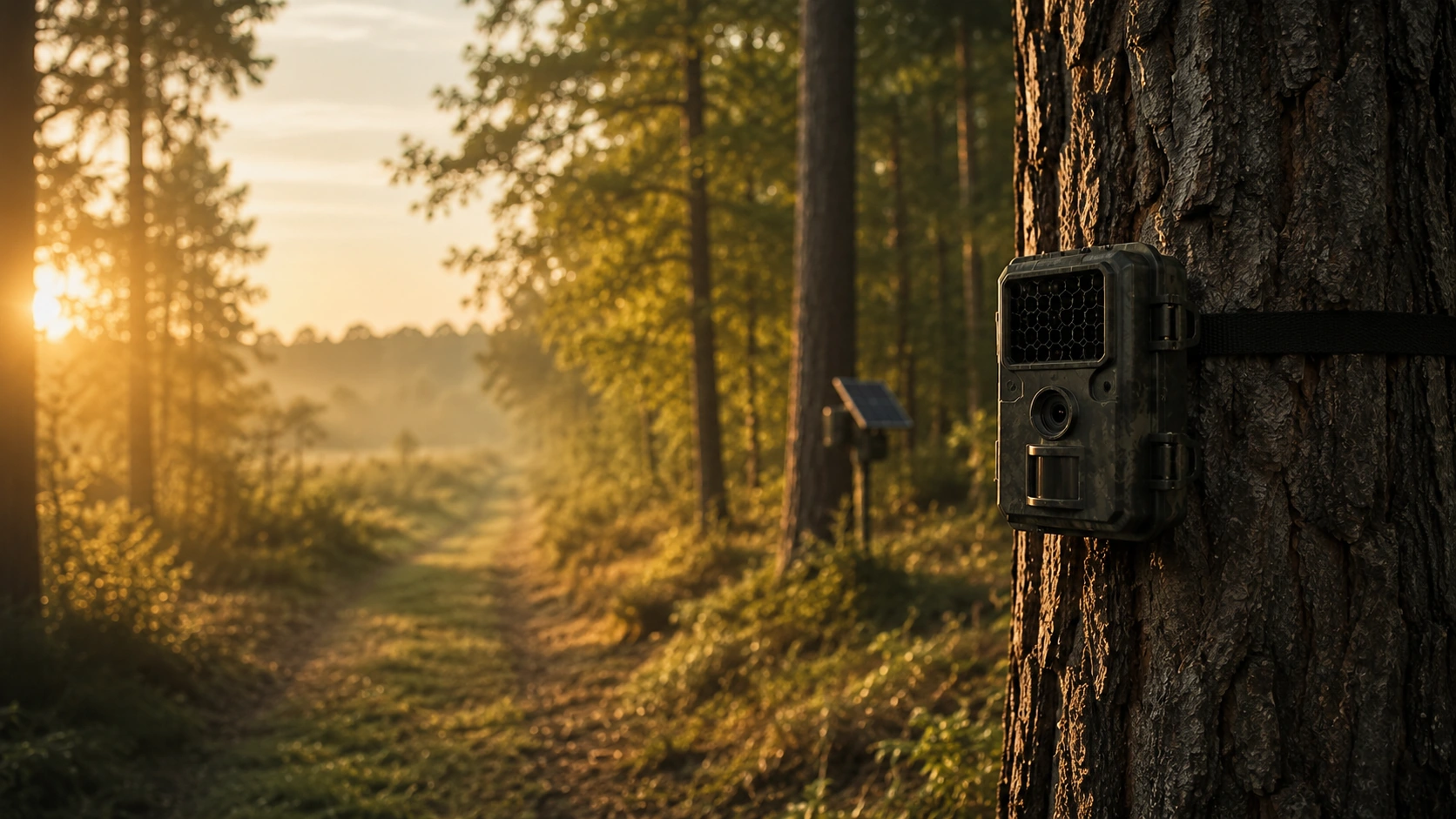 Wildkamera am Baum im Jagdrevier zur Revierkontrolle und Wildbeobachtung