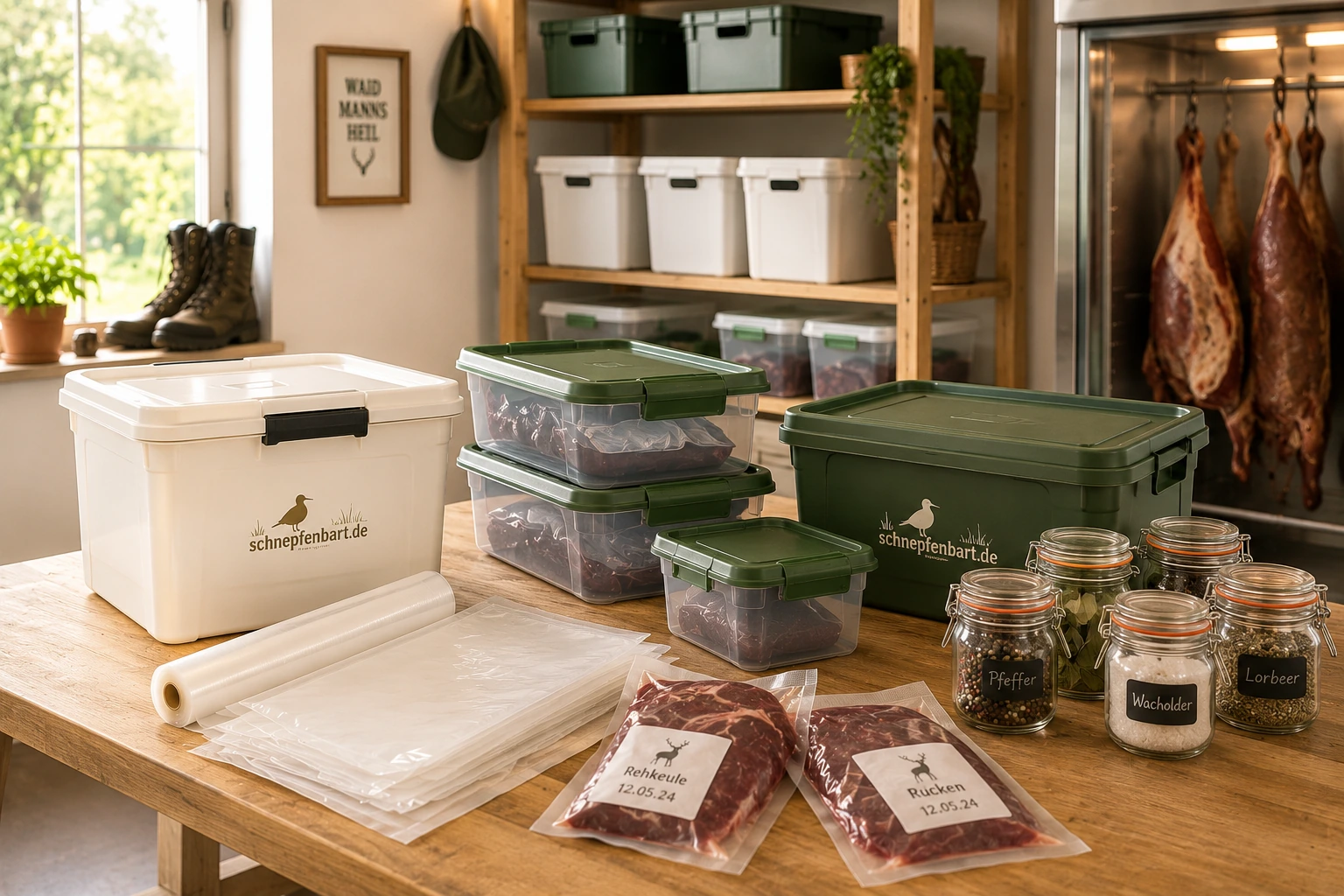 Behälter, Aufbewahrungsboxen und Vakuumbeutel zur hygienischen Lagerung und Organisation von Wildbret und Zubehör in der Wildkammer.